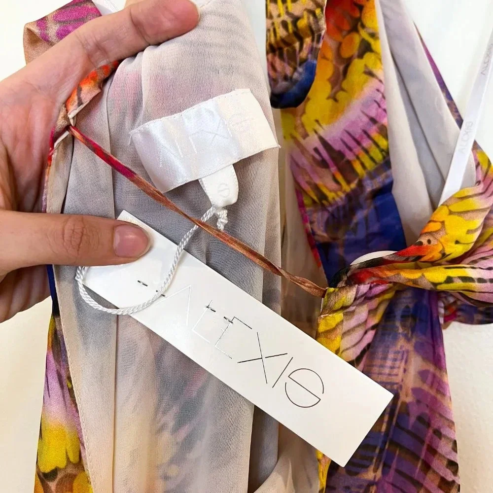 Alexis 100% Silk Colorful Adjustable Beach Resortwear Deep V Maxi Dress S NWT - Picture 10 of 12